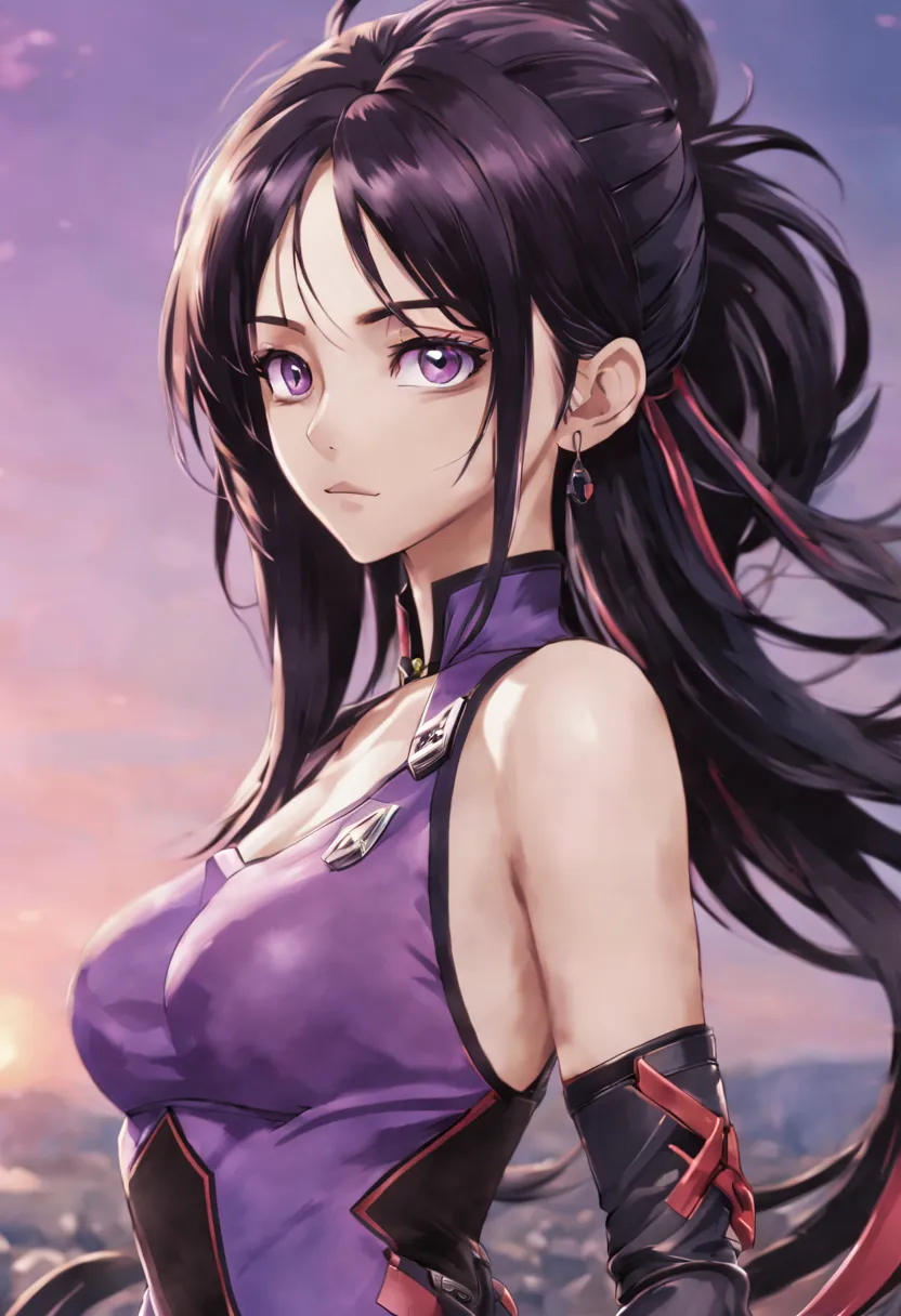 a girl with sinister eyes colored in purple, normal breast, wears very stylish combat outfits in anime, long black hair, she doe...