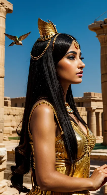 1 woman, Cleopatra, jewelry, queen of Egypt, with hummingbird around, beautiful woman, her beauty is undeniable, ancient Egyptia...