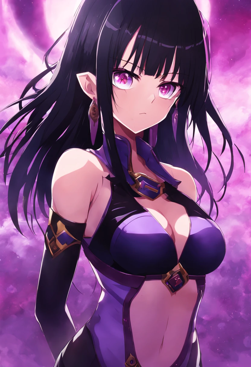 a girl with sinister eyes colored in purple, normal breast, wears very stylish combat outfits in anime, long black hair, she does not smile, with cosmic background with sky in sight