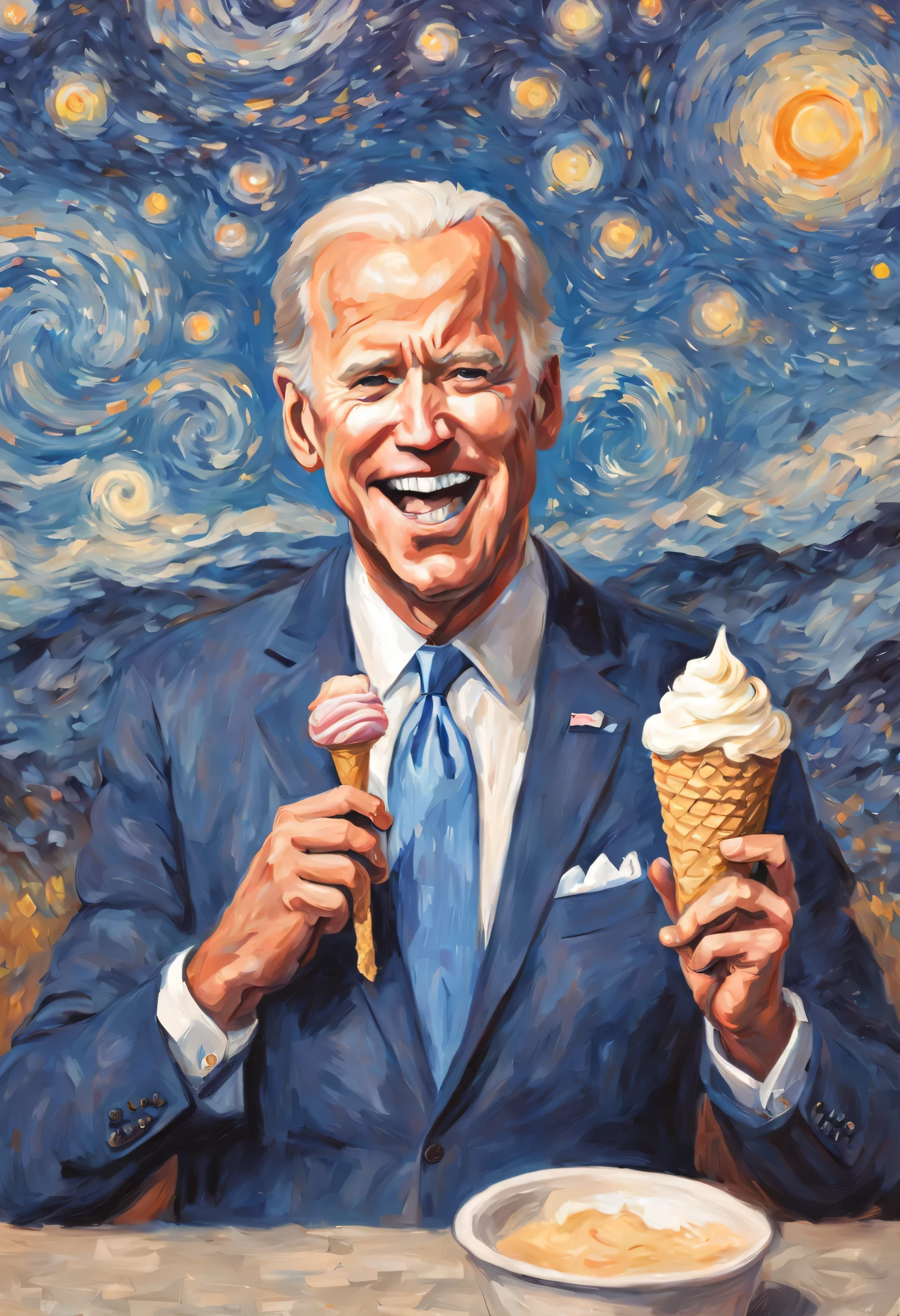 Pintura de un hombre de traje comiendo un cono de helado - SeaArt AI