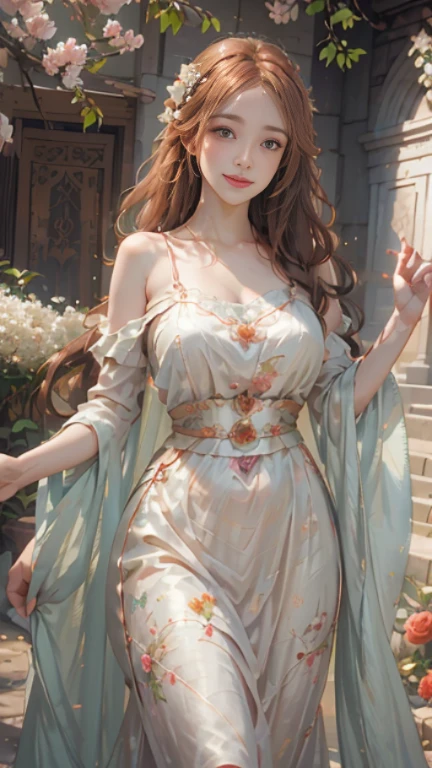 A beautiful smiling young woman in an elegant pastel orange chiffon dress looks forward., Dancing in the fairytale red rose garden, High quality paintings that are realistic yet artistic., cgsociety competition winner, beautiful light elements, beautiful corner, Smooth Movement, Winning Photos, cute picture, Powerful photos, backlit, cosplay, bokeh background