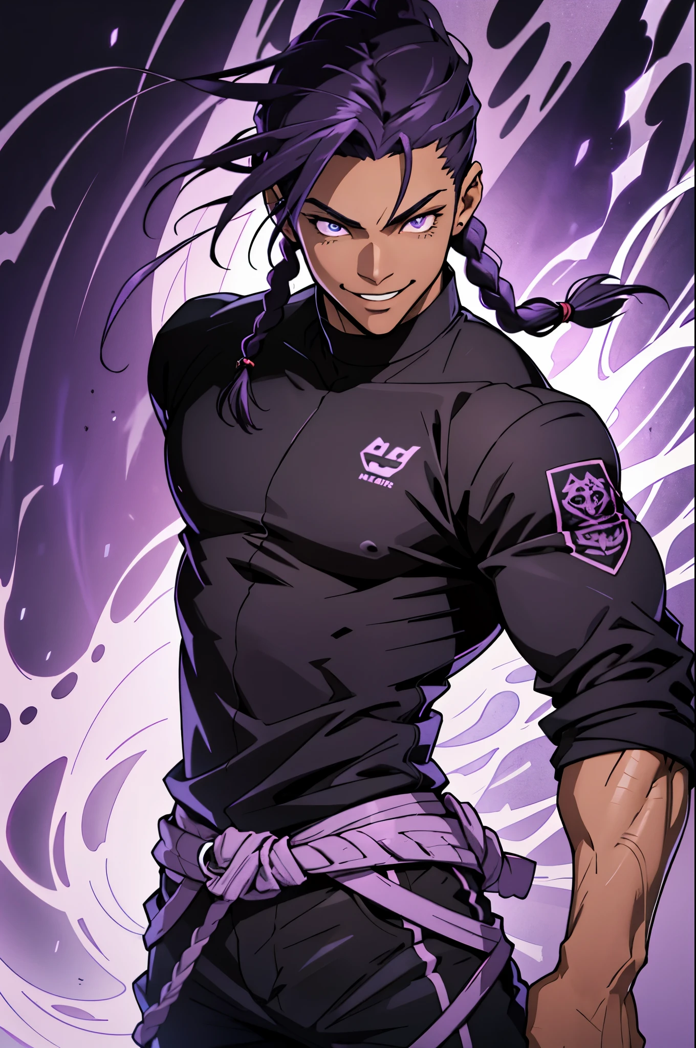 black young man, black and purple hair with two braids, olhos purpura, camiseta branca, black pants, sorriso arrogante, hunter's eyes, face calma, fight pose