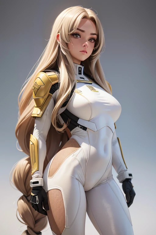 Best quality, 8k, pastel colors, woman,long hair, looking to observer,imperial soldier warrior,beige hi-tech armor over brown sheer nylon catsuit, static pose, white scenario