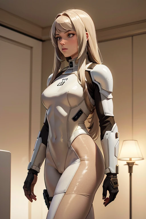 beste Qualität, 8k, Pastellfarben, Frau,lange Haare, Blick zum Beobachter,kaiserlicher Soldat und Krieger,beige High-Tech-Rüstung über braunem transparentem Nylon-Catsuit, statische Pose, WEISSES SZENARIO