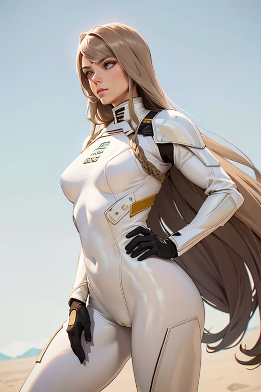 Best quality, 8k, pastel colors, woman,long hair, looking to observer,imperial soldier warrior,beige hi-tech armor over brown sheer nylon catsuit, static pose, white scenario