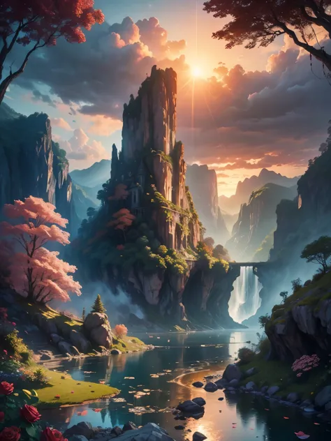 there is a large waterfall in the middle of a mountain, ((ancient city embedded in rock)), epic matte painting of an island, the...