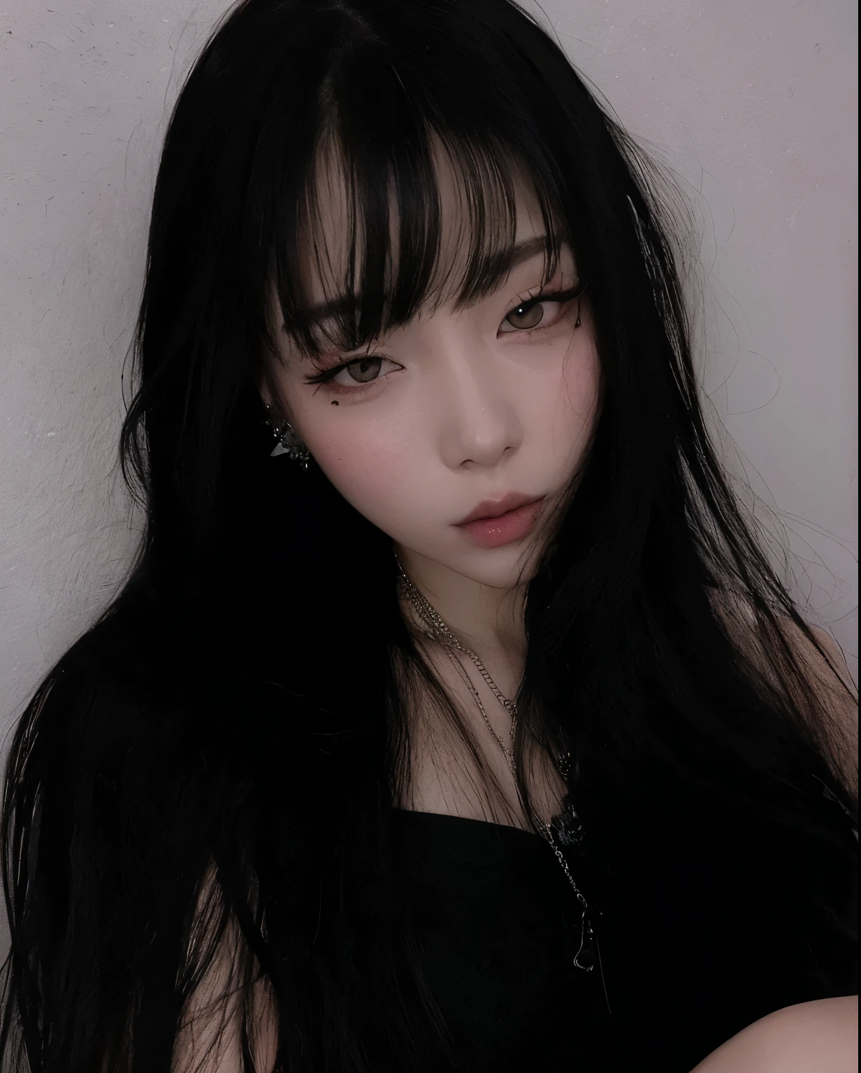 A close up of a woman with long black hair wearing a black dress - SeaArt AI