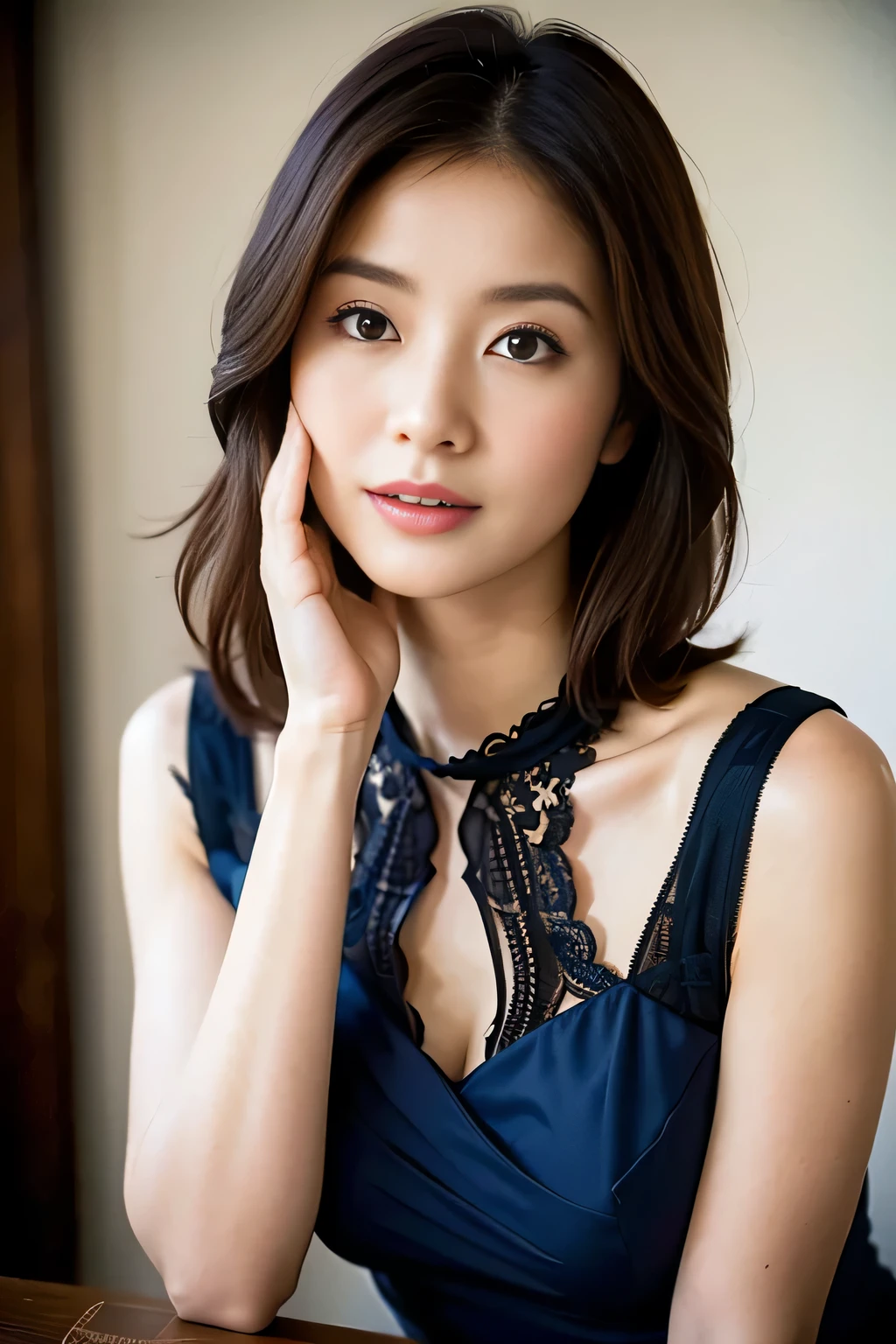 (最好的品質,8K,傑作),解剖學正確,
一位身穿藍色連身裙、手放在臉上的女人的特寫, 美麗的韓國女人, 美麗的年輕日本模特,華麗的年輕日本女人, 可愛的女孩 - 精心打扮的臉, 美麗的肖像圖像, 60毫米肖像, 高品質肖像, 70毫米肖像, 漂亮精緻的臉, 女性美麗的臉, 美麗的女人,
大乳房,
