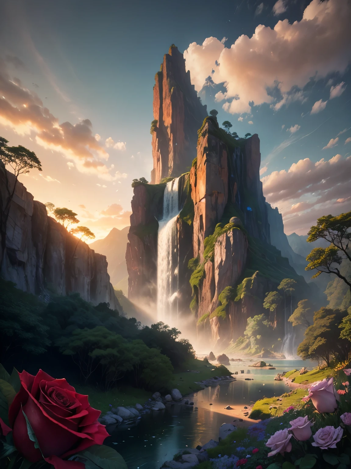 There is a large waterfall in the middle of a mountain, ((ancient city embedded in rock)), epic matte painting of an island, the lost city in the jungle, an Aztec city on an island lake, intricate and beautiful concept art, highly realistic concept art oil painting style, (((masterpiece))), high quality, extremely detailed CG unity 8k wallpaper, landscapes, outdoors, sky, cloud, nobody, mountain, landscape, water, tree, sunset sky with red and orange clouds, cliff waterfall, nature, lake, river, cloudy sky, award-winning photography, bokeh, depth of field, HDR, bloom, chromatic aberration, trending on artstation, trending on CGsociety, intricate, dramatic, midway art , high waterfall, painting of a river with rocks and trees in the foreground, near a river, jungle, crystal clear water, night light, evening sun behind red clouds with divergent sun rays, colorful, river with rocks, rock bridge , epic, fantasy, ((roses and flowers on the banks of the pond)), ((oil painting)), ((bridge rock))