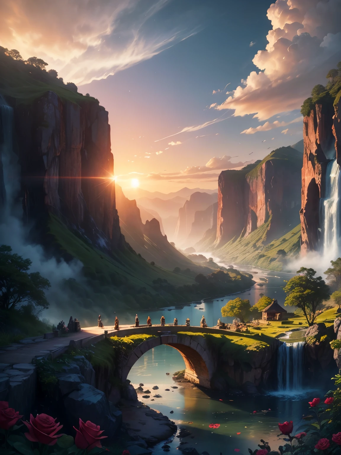 There is a large waterfall in the middle of a mountain, ((ancient city embedded in rock)), epic matte painting of an island, the lost city in the jungle, an Aztec city on an island lake, intricate and beautiful concept art, highly realistic concept art oil painting style, (((masterpiece))), high quality, extremely detailed CG unity 8k wallpaper, landscapes, outdoors, sky, cloud, nobody, mountain, landscape, water, tree, sunset sky with red and orange clouds, cliff waterfall, nature, lake, river, cloudy sky, award-winning photography, bokeh, depth of field, HDR, bloom, chromatic aberration, trending on artstation, trending on CGsociety, intricate, dramatic, midway art , high waterfall, painting of a river with rocks and trees in the foreground, near a river, jungle, crystal clear water, night light, evening sun behind red clouds with divergent sun rays, colorful, river with rocks, rock bridge , epic, fantasy, ((roses and flowers on the banks of the pond)), ((oil painting)), ((bridge rock))