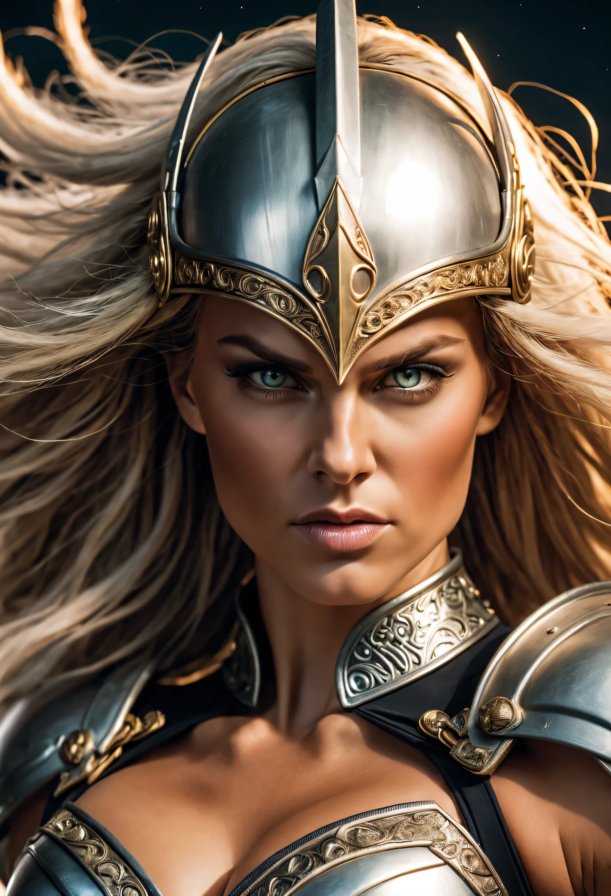 Bombastic Valkyrie, MULHER FORTE LINDA, 30 anos de idade, ATHLETIC BODY, muscles, ENORME CABELO LONGO, cabelo loiro, olhos cinzentos, bochechas rosadas, Valkyrie Helm, angry facial expression, Leme de prata, ARMADURA DE PRATA LEOTARD, DETALHES DE OURO, coxas expostas, Coxas lindas, coxas suadas, DETAILED QUADRICEPS, ARMADURA BRILHANTE, AURA DOURADA LUMINOSA, full body view, MITOLOGIA, Night sky, Aurora boreal, IMAGEM PRECISA, obra de arte