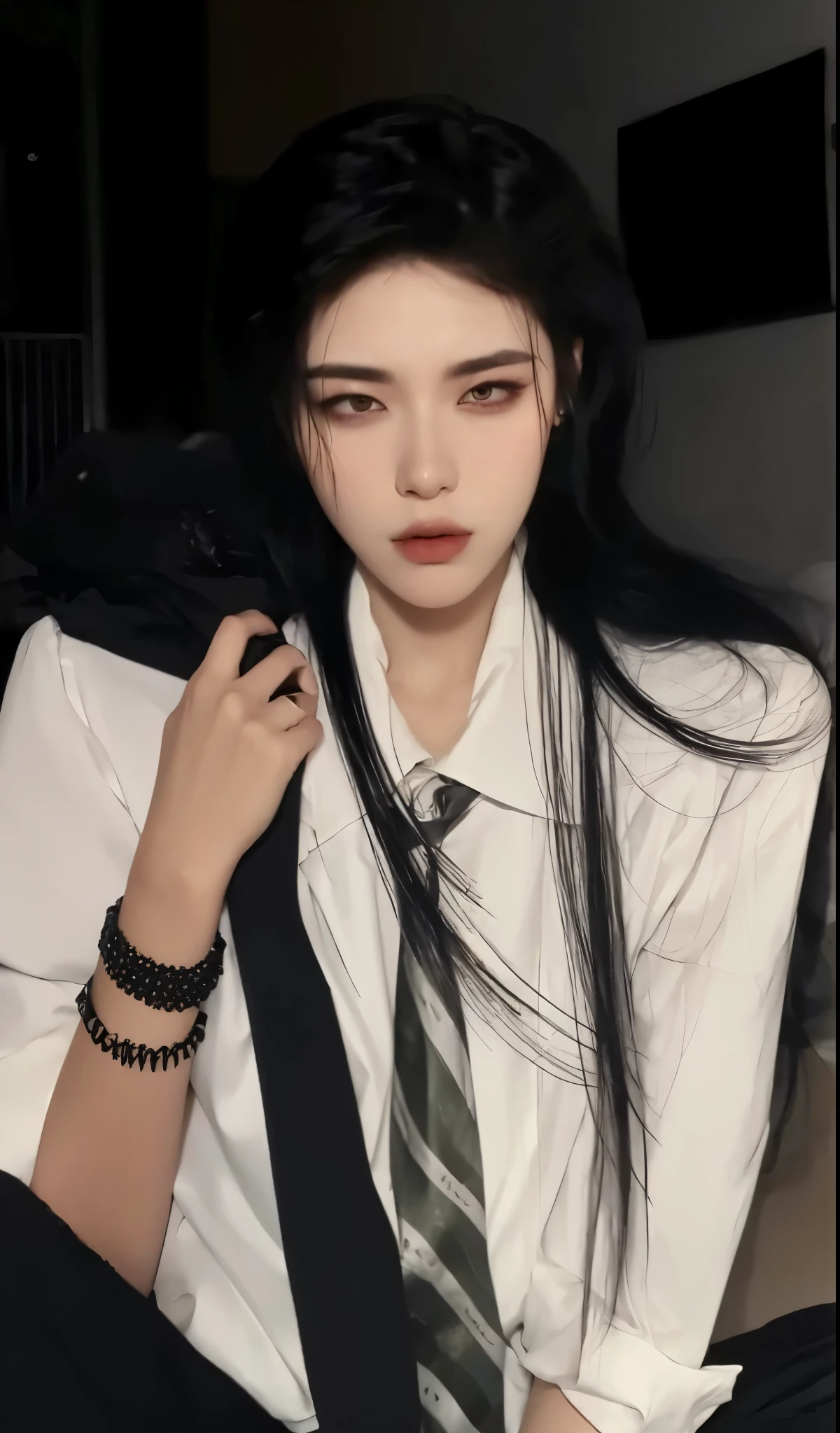 There is a woman with long black hair wearing a tie - SeaArt AI