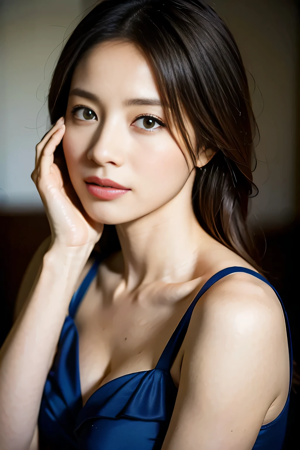 (highest quality,8K,masterpiece),anatomically correct,
Close-up of a woman in a blue dress with her hand on her face, beautiful korean woman, beautiful young japanese model,gorgeous young japanese woman, Cute girl - well-groomed face, beautiful portrait image, 60mm portrait, high quality portrait, 70mm Portrait, nice delicate face, feminine beautiful face, Beautiful woman,
big breasts,
