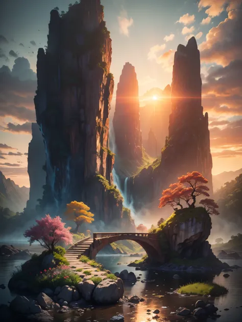 There is a large waterfall in the middle of a mountain, ((ancient city embedded in rock)), epic matte painting of an island, the...