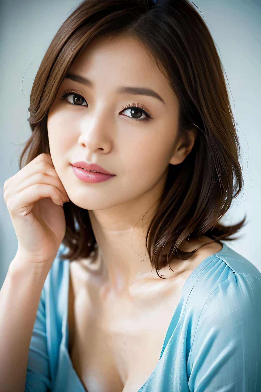 (最好的品質,8K,傑作),解剖學正確,
一位身穿藍色連身裙、手放在臉上的女人的特寫, 美麗的韓國女人, 美麗的年輕日本模特,華麗的年輕日本女人, 可愛的女孩 - 精心打扮的臉, 美麗的肖像圖像, 60毫米肖像, 高品質肖像, 70毫米肖像, 漂亮精緻的臉, 女性美麗的臉, 美麗的女人,
大乳房,
