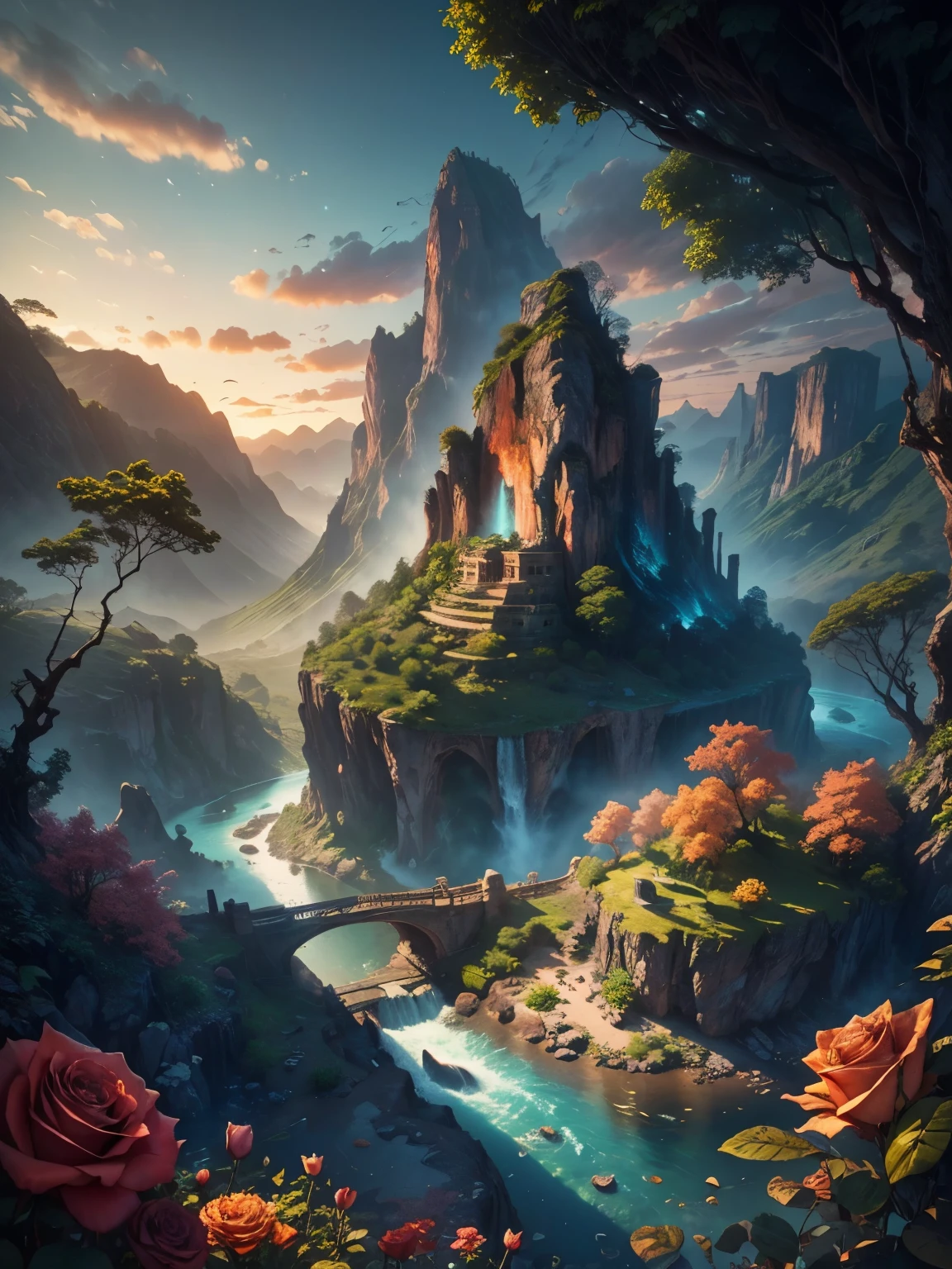 There is a large aguafall in the middle of a montaña, ((ciudad antigua incrustada en la roca)), épico matte painting of an island, the lost city in the selva, an Aztec city on an island lago, Intrincado and beautiful concept art, highly realistic concept art pintura al óleo style, (((obra maestra))), alta calidad, Fondo de pantalla CG unity 8k extremadamente detallado, paisajes, Al aire libre, cielo, nube, nadie, montaña, paisaje, agua, árbol, sunset cielo with red and orange nubes, cliff aguafall, naturaleza, lago, río, nubey cielo, fotografía premiada, bokeh, profundidad de campo, hdr, floración, aberración cromática, tendencia en artstation, tendencia en CGSociety, Intrincado, dramático, Arte a mitad de camino , high aguafall, painting of a río with rocks and árbols in the foreground, near a río, selva, crystal clear agua, Luz de noche, evening sun behind red nubes with divergent sun rays, Vistoso, río with rocks, puente de roca , épico, fantasía, ((rosas y flores a orillas del estanque)), ((pintura al óleo)), ((puente de roca))