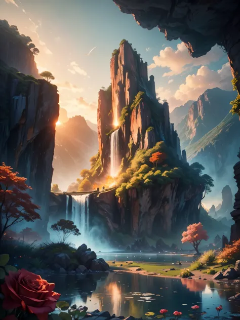 There is a large waterfall in the middle of a mountain, ((ancient city embedded in rock)), epic matte painting of an island, the...