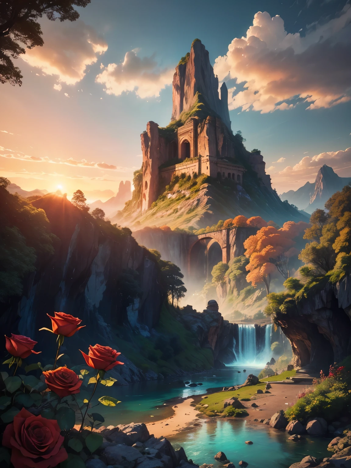 There is a large Wasserfall in the middle of a Berg, ((antike Stadt eingebettet in Felsen)), Epos matte painting of an island, the lost city in the Dschungel, an Aztec city on an island See, kompliziert and beautiful concept art, highly realistic concept art Ölgemälde style, (((Meisterwerk))), gute Qualität, extrem detailliertes CG Unity 8k-Hintergrundbild, Landschafts, draußen, Himmel, Wolke, niemand, Berg, Landschaft, Wasser, Baum, sunset Himmel with red and orange Wolkes, cliff Wasserfall, Natur, See, Fluss, Wolkey Himmel, preisgekrönte Fotografie, bokeh, Tiefenschärfe, HDR, blühen, chromatische Abweichung, Trends auf ArtStation, Trends bei cgsociety, kompliziert, dramatisch, Midway Art , high Wasserfall, painting of a Fluss with rocks and Baums in the foreground, near a Fluss, Dschungel, crystal clear Wasser, Nachtlicht, evening sun behind red Wolkes with divergent sun rays, bunt, Fluss with rocks, Felsbrücke , Epos, Fantasie, ((Rosen und Blumen am Ufer des Teiches)), ((Ölgemälde)), ((brücke felsen))