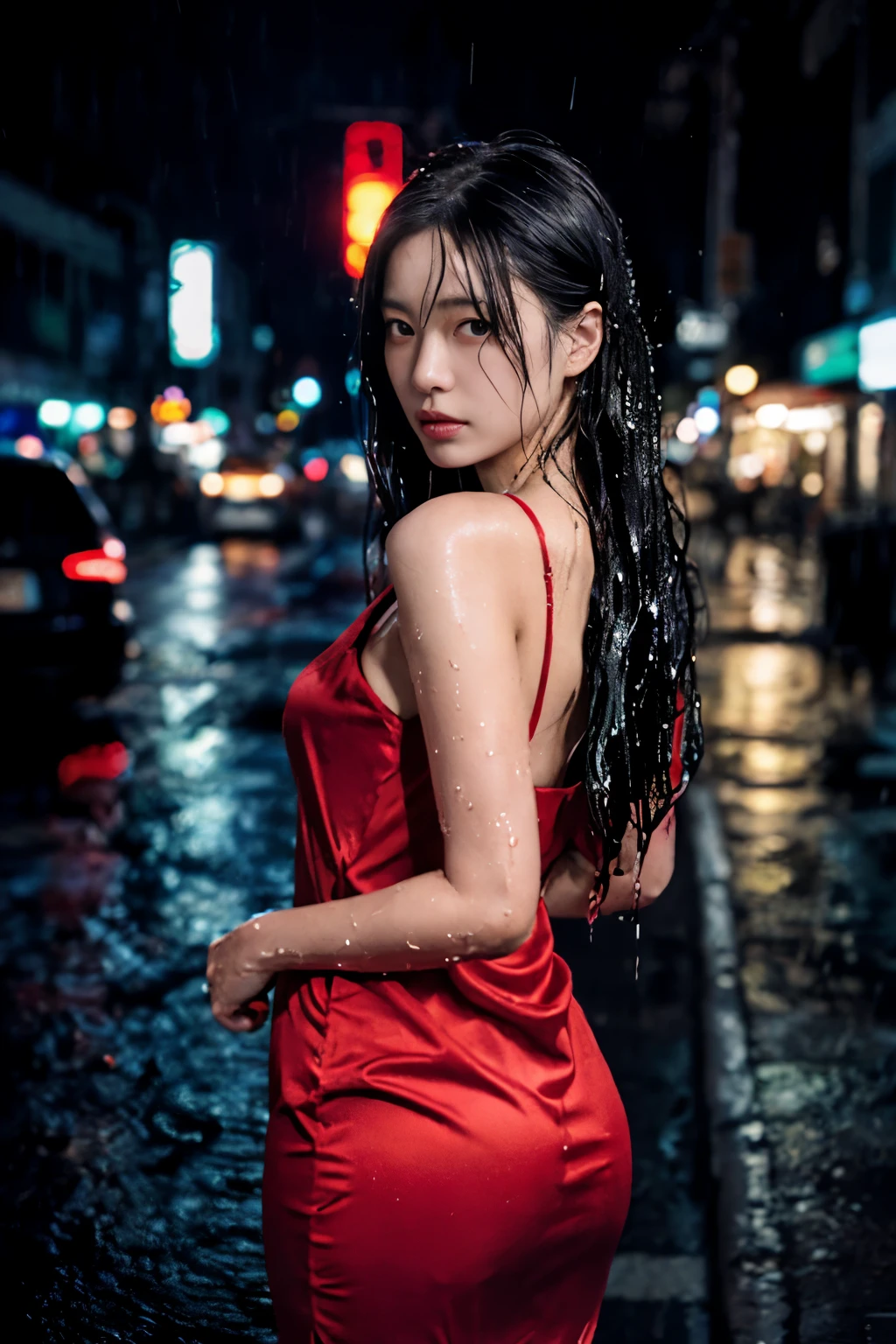 1girl,solo,long hair,Rough skin,from back,face focus,(looking at viewer:1.2),wet hair,dark,polaroid,(depth_of_field:1.5),rainy days,outdoors,street,hair between eyes,moody lighting,Tyndall effect,Cinematic Lighting,night,lamppost,lens flare,available light,rim light,glowing neon lights,curvy,Red silk dress,korea girl,