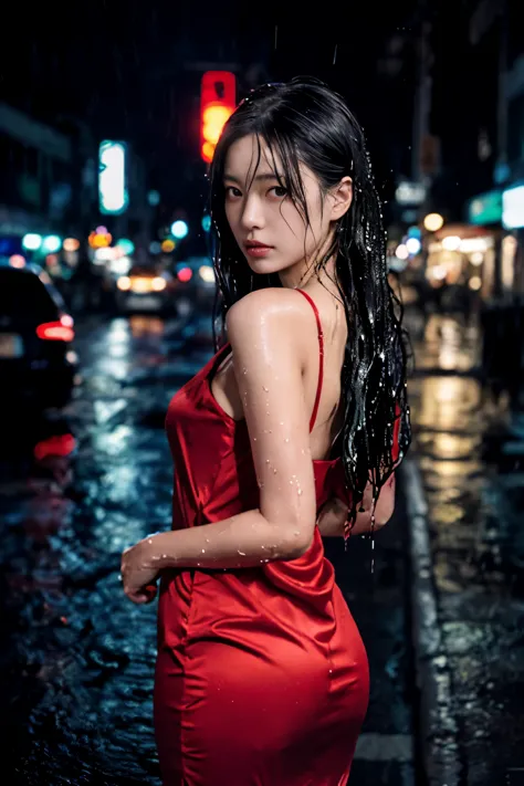 1girl,solo,long hair,rough skin,from back,face focus,(looking at viewer:1.2),wet hair,dark,polaroid,(depth_of_field:1.5),rainy d...