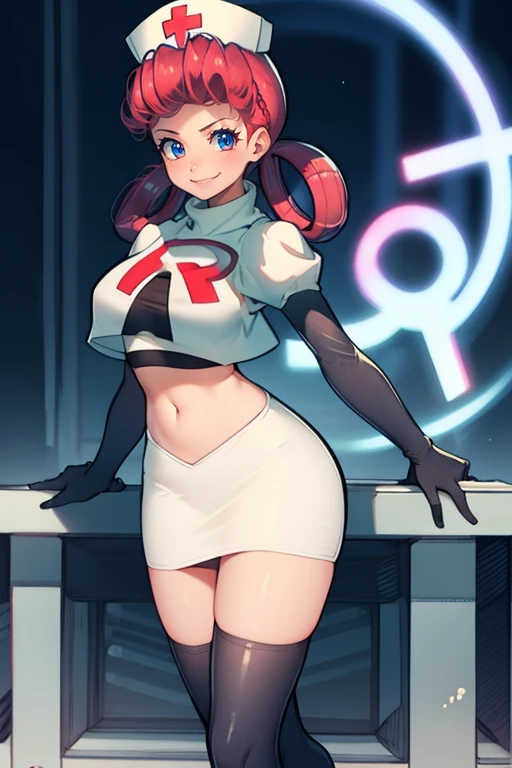 nurse joy, hair rings, bangs, team rocket,team rocket uniform, red letter R, white skirt,white crop top,black thigh-high boots, black elbow gloves , looking at viewer, evil smile