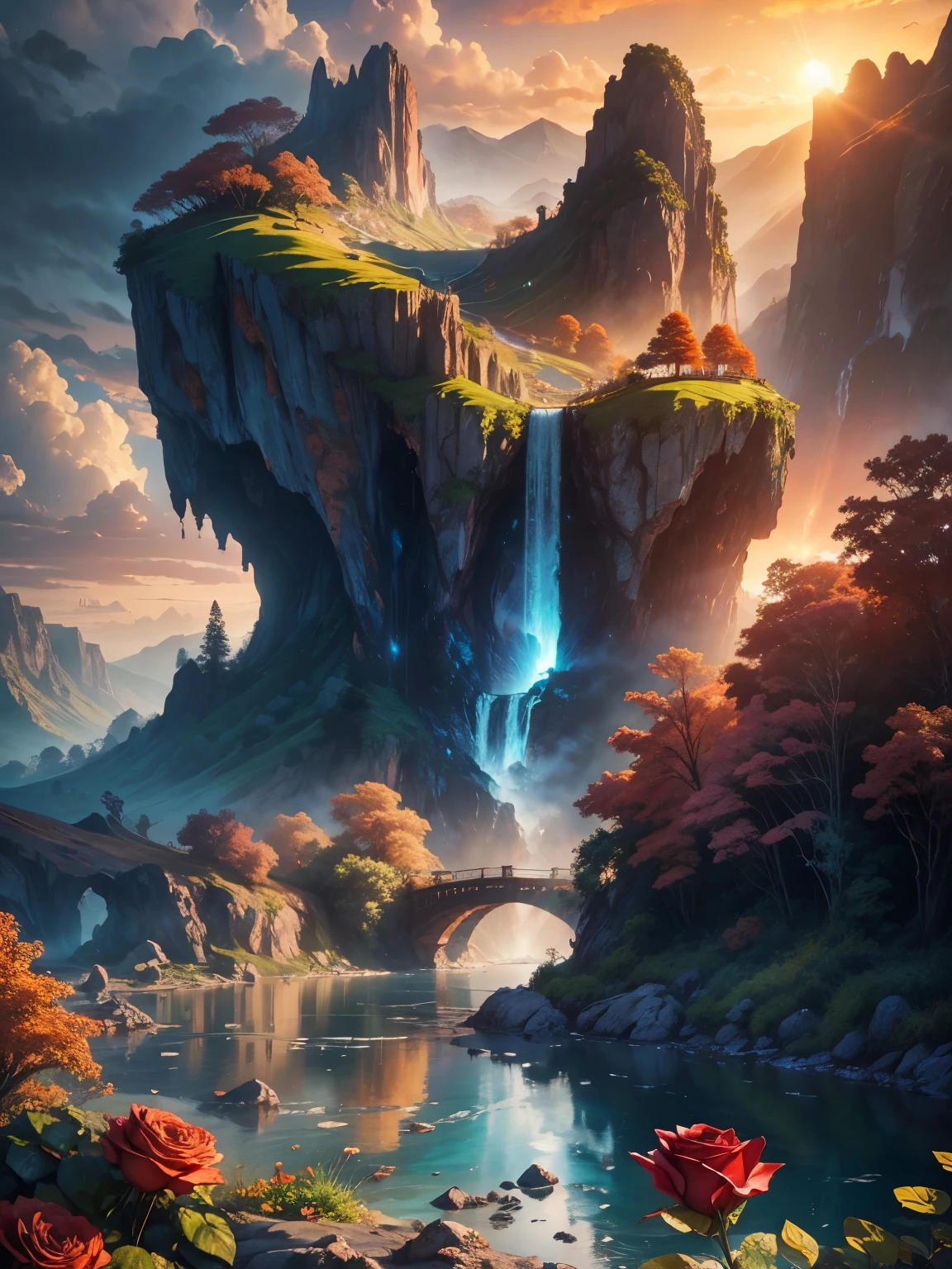 There is a large 水fall in the middle of a 山, ((镶嵌在岩石中的古城)), 史诗 matte painting of an island, the lost city in the 丛林, an Aztec city on an island 湖, 错综复杂 and beautiful concept art, highly realistic concept art 油画 style, (((杰作))), 高质量, 极其细致的 CG unity 8k 壁纸, 景观s, 户外, 天空, 云, 没有人, 山, 景观, 水, 树, sunset 天空 with red and orange 云s, cliff 水fall, 自然, 湖, 河, 云y 天空, 获奖摄影作品, 散景, 景深, HDR, 盛开, 色差, artstation 上的热门, CGsociety 上的热门, 错综复杂, 戏剧性, 中途艺术 , high 水fall, painting of a 河 with rocks and 树s in the foreground, near a 河, 丛林, crystal clear 水, 小夜灯, evening sun behind red 云s with divergent sun rays, 丰富多彩的, 河 with rocks, 石桥 , 史诗, 幻想, ((池塘岸边的玫瑰和鲜花)), ((油画)), ((桥岩))