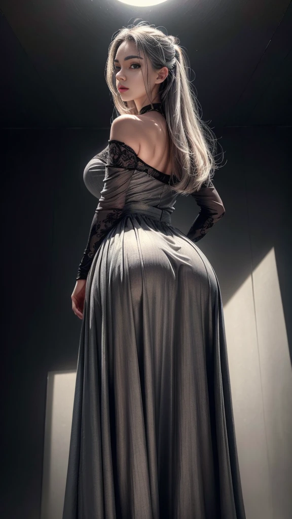 (best quality,8k,masterpiece:1.2),extremely detailed,1girl, grey two-tone hair,dress,long skirt,beautiful detailed face,elaborate,dramatic lighting,4k,detailed background,caustics,portraits,full body shot,looking at the viewer, rear view ,((From below:1.5))