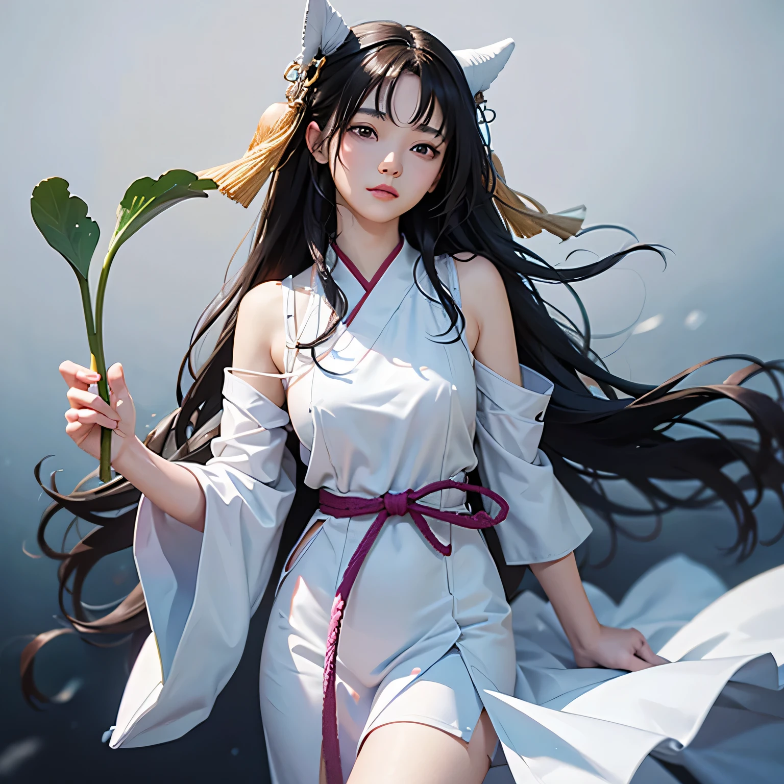 super fine illustration, highest quality, Woman in traditional Japanese costume holding freshly picked celery at night. Her long, elegantly flowing black hair is delicate and beautiful., Pure white and delicate features. Acrylic painting style that emphasizes simple yet profound beauty.
