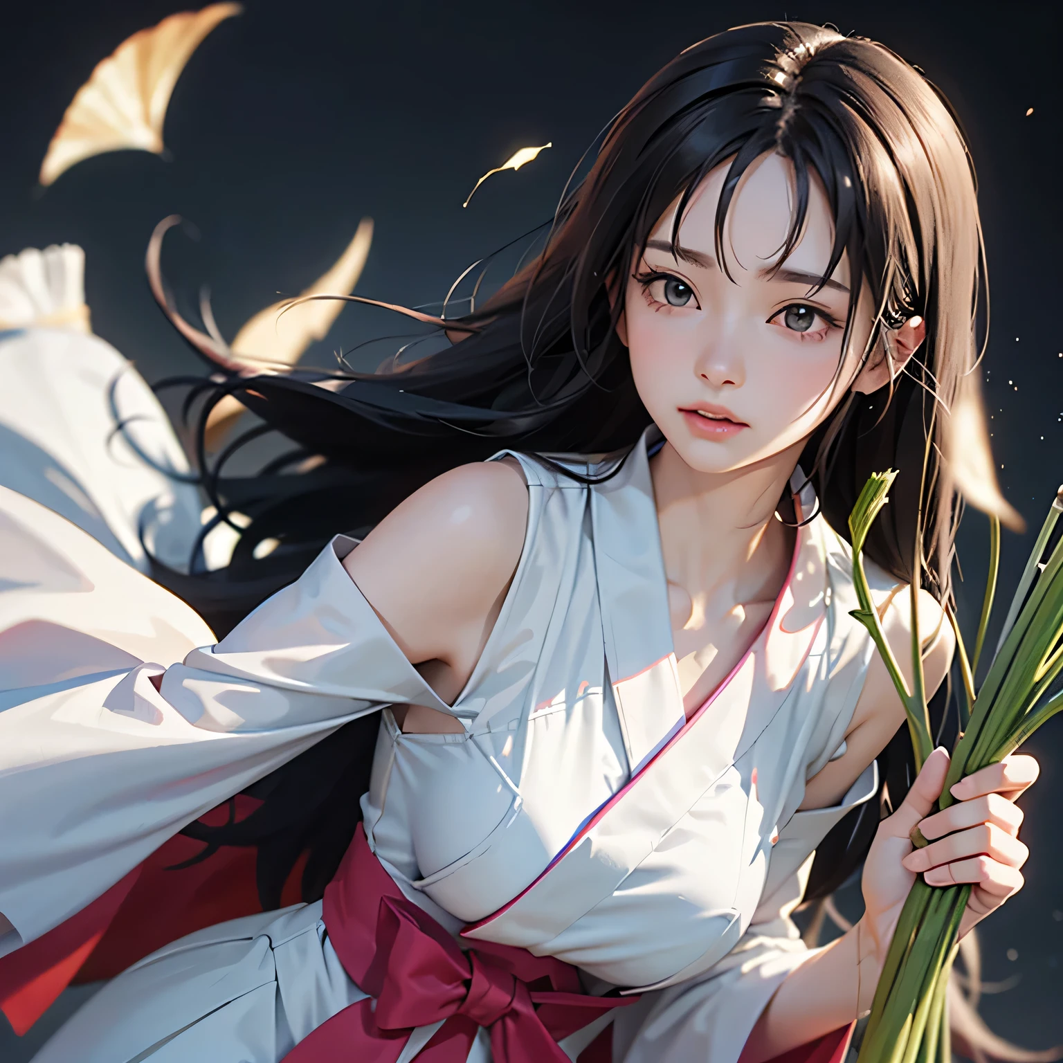 super fine illustration, highest quality, Woman in traditional Japanese costume holding freshly picked celery at night. Her long, elegantly flowing black hair is delicate and beautiful., Pure white and delicate features. Acrylic painting style that emphasizes simple yet profound beauty.
