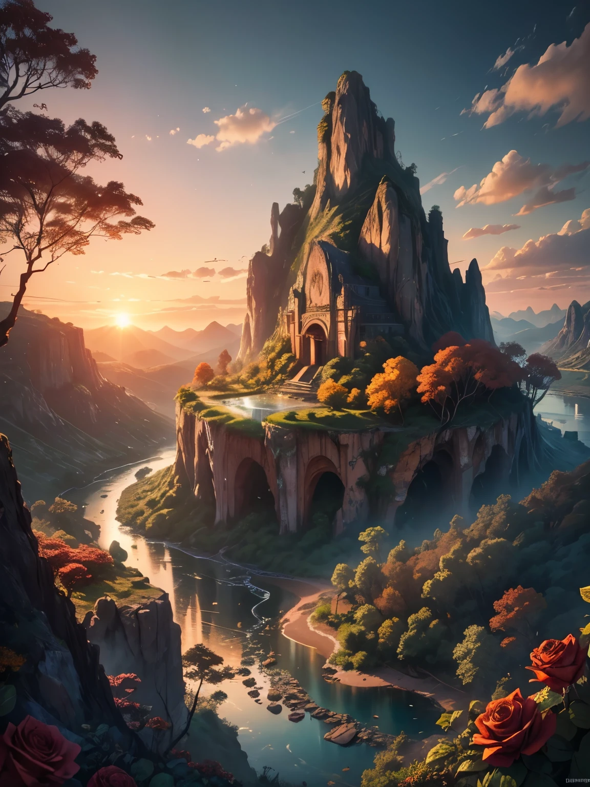 There is a large aguafall in the middle of a montaña, ((ciudad antigua incrustada en la roca)), épico matte painting of an island, the lost city in the selva, an Aztec city on an island lago, Intrincado and beautiful concept art, highly realistic concept art pintura al óleo style, (((obra maestra))), alta calidad, Fondo de pantalla CG unity 8k extremadamente detallado, paisajes, Al aire libre, cielo, nube, nadie, montaña, paisaje, agua, árbol, sunset cielo with red and orange nubes, cliff aguafall, naturaleza, lago, río, nubey cielo, fotografía premiada, bokeh, profundidad de campo, hdr, floración, aberración cromática, tendencia en artstation, tendencia en CGSociety, Intrincado, dramático, Arte a mitad de camino , high aguafall, painting of a río with rocks and árbols in the foreground, near a río, selva, crystal clear agua, Luz de noche, evening sun behind red nubes with divergent sun rays, Vistoso, río with rocks, puente de roca , épico, fantasía, ((rosas y flores a orillas del estanque)), ((pintura al óleo)), ((puente de roca))