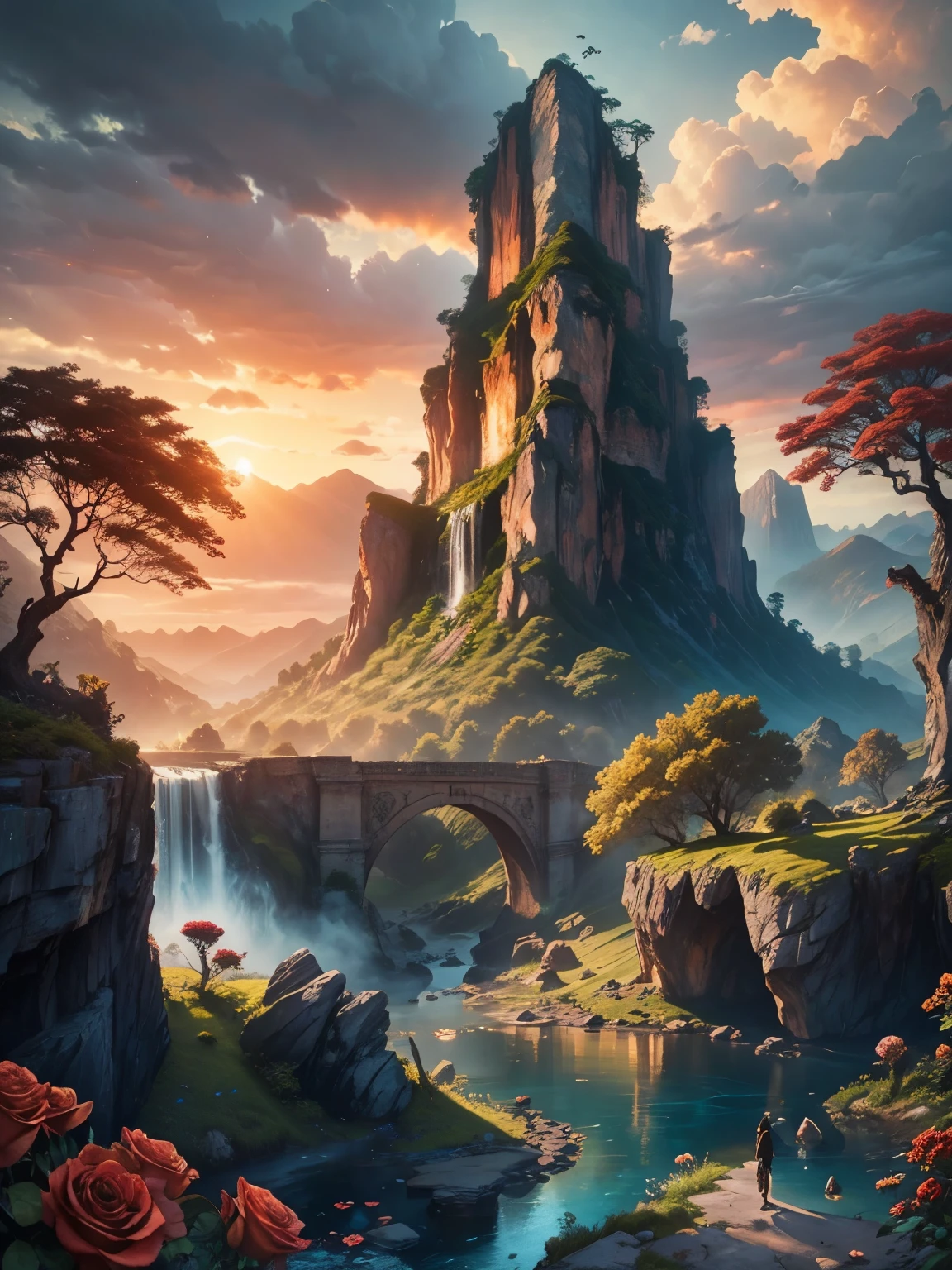 There is a large waterfall in the middle of a mountain, ((ancient city embedded in rock)), epic matte painting of an island, the lost city in the jungle, an Aztec city on an island lake, intricate and beautiful concept art, highly realistic concept art oil painting style, (((masterpiece))), high quality, extremely detailed CG unity 8k wallpaper, landscapes, outdoors, sky, cloud, nobody, mountain, landscape, water, tree, sunset sky with red and orange clouds, cliff waterfall, nature, lake, river, cloudy sky, award-winning photography, bokeh, depth of field, HDR, bloom, chromatic aberration, trending on artstation, trending on CGsociety, intricate, dramatic, midway art , high waterfall, painting of a river with rocks and trees in the foreground, near a river, jungle, crystal clear water, night light, evening sun behind red clouds with divergent sun rays, colorful, river with rocks, rock bridge , epic, fantasy, ((roses and flowers on the banks of the pond)), ((oil painting)), ((bridge rock))