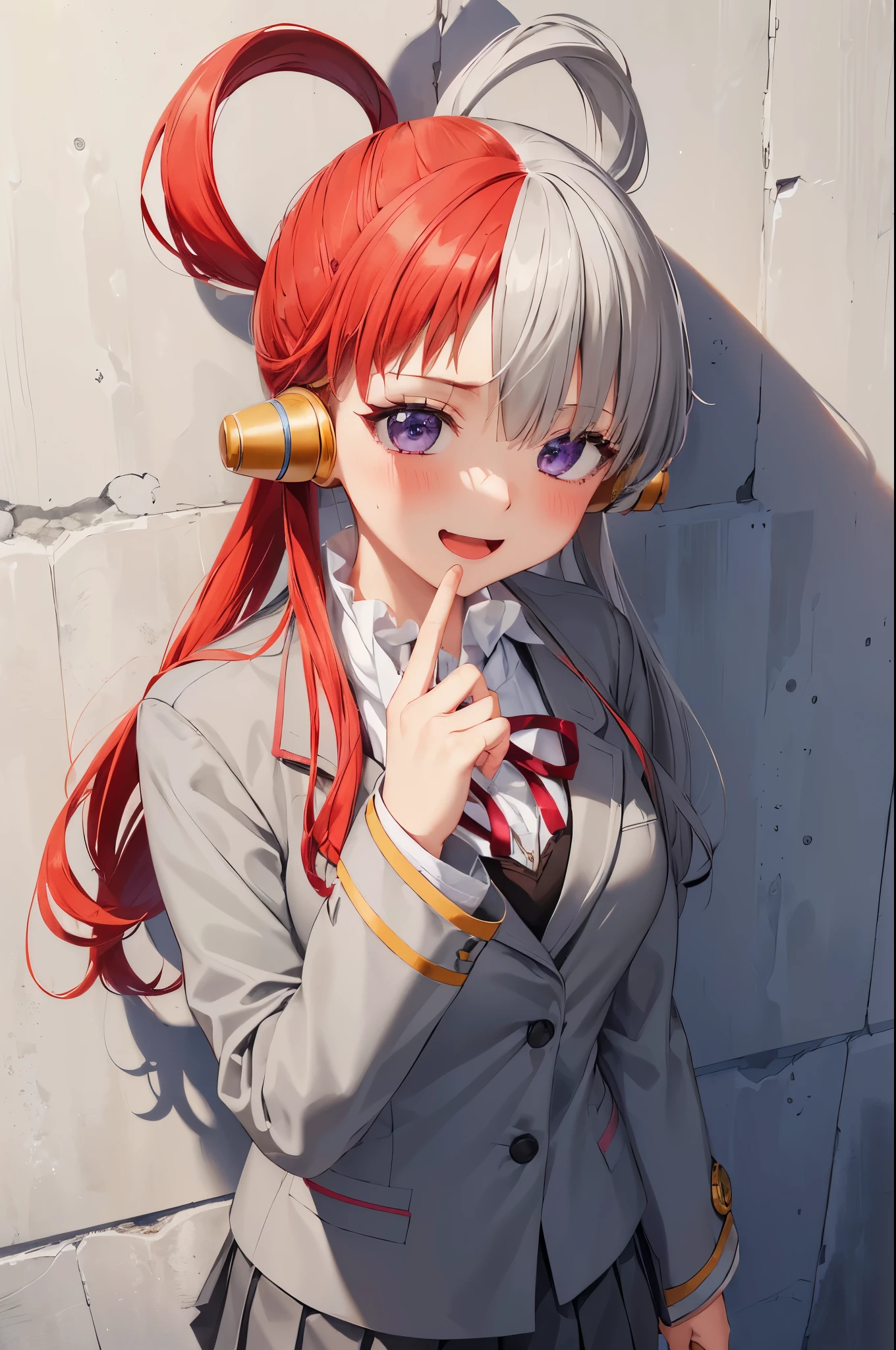 Anime girl with red hair and a gray jacket posing for a picture - SeaArt AI