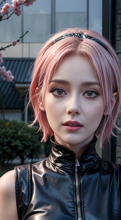 Young woman, porcelain skin, short pink hair, heart-shaped face, wide forehead, thin pink eyebrows, big jade green eyes, long eyelashes, buttoned nose, peach lips, black leather dress, Sakura Haruno, 3d, realistic, realism, high focus, details, futuristic city, future, buildings, night