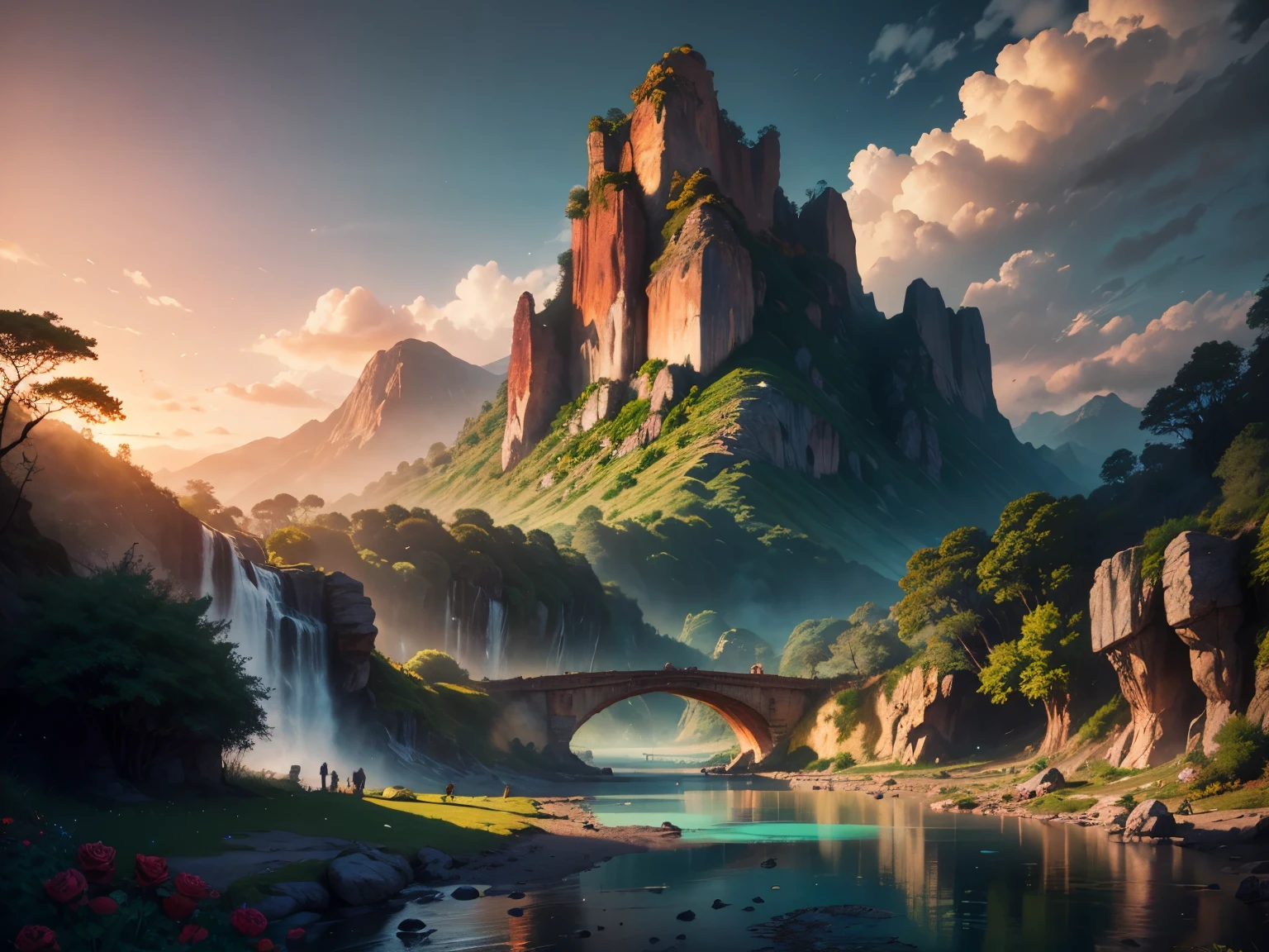 There is a large waterfall in the middle of a mountain, ((ancient city embedded in rock)), epic matte painting of an island, the lost city in the jungle, an Aztec city on an island lake, intricate and beautiful concept art, highly realistic concept art oil painting style, (((masterpiece))), high quality, extremely detailed CG unity 8k wallpaper, landscapes, outdoors, sky, cloud, nobody, mountain, landscape, water, tree, sunset sky with red and orange clouds, cliff waterfall, nature, lake, river, cloudy sky, award-winning photography, bokeh, depth of field, HDR, bloom, chromatic aberration, trending on artstation, trending on CGsociety, intricate, dramatic, midway art , high waterfall, painting of a river with rocks and trees in the foreground, near a river, jungle, crystal clear water, night light, evening sun behind red clouds with divergent sun rays, colorful, river with rocks, rock bridge , epic, fantasy, ((roses and flowers on the banks of the pond)), ((oil painting)), ((bridge rock))