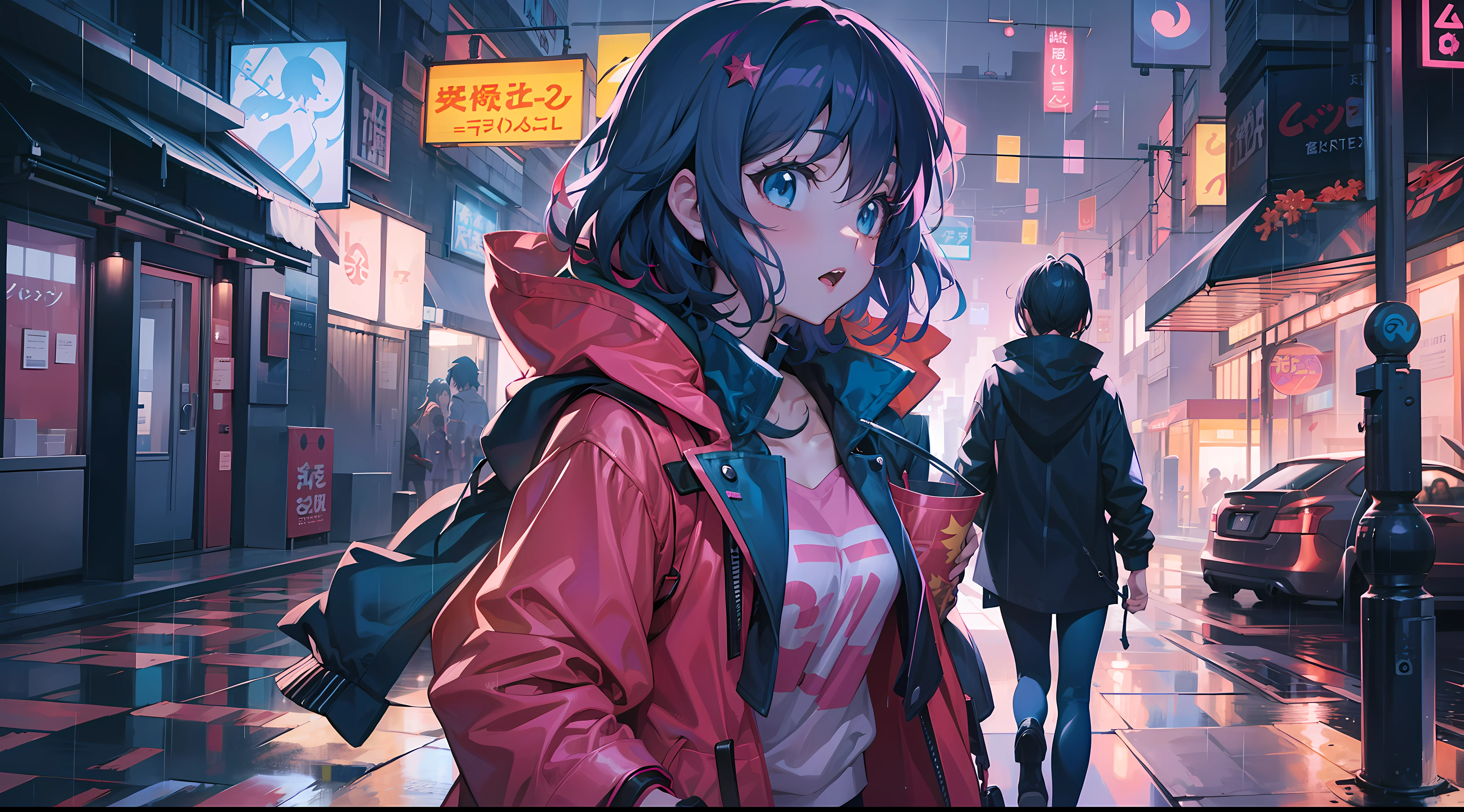 Anime girl walking down the street in the rain at night,, in the art style of 80s anime, the anime girl is running, 'Ramona Flores', cosmic girl, estilo de anime4 K, 8 0 s estilo de arte anime, Praise the artistic style, fanart oficial, anime-style illustration