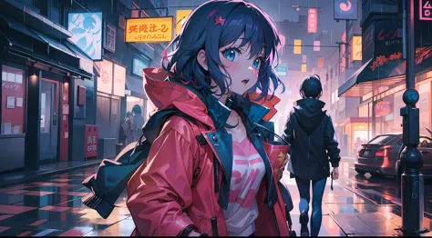 anime girl walking down the street in the rain at night,, in the art style of 80s anime, the anime girl is running, 'ramona flor...