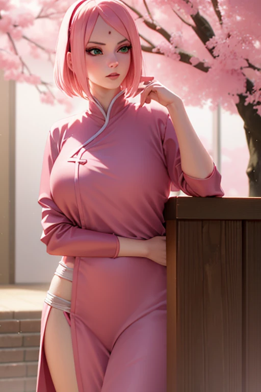 Young woman, porcelain skin, short pink hair, heart-shaped face, wide forehead, thin pink eyebrows, big jade green eyes, long eyelashes, buttoned nose, peach lips, red clothes, Sakura Haruno, 3d, realistic, realism , high focus, details, cherry trees