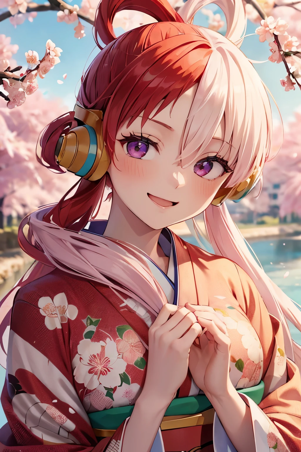 one piece, Song, Red and white hair, long hair, (alone:1.3), (one girl:1.3), (red mini kimono:1.3), (Gorgeous floral pattern:1.3), medium-sized chest, blush, smile, open your mouth, highly detailed eyes, highly detailed fingers, super precise hands, (along the river:1.2), (cherry blossoms:1.2), (extreme close up:1.2)