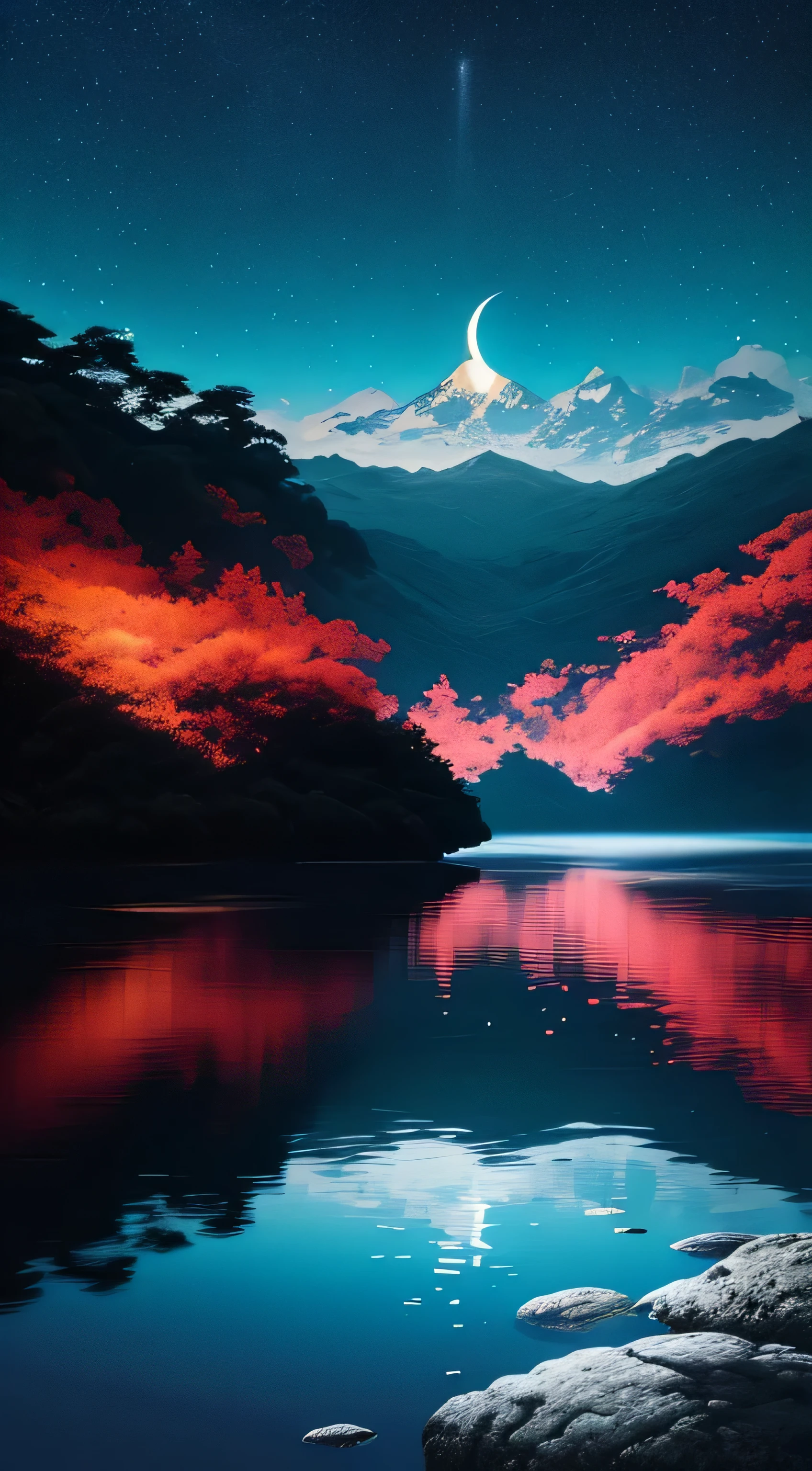 paisagem anoite com a lua refletindo na agua e altas montanhas rochosas (papel de parede CG 8k muito detalhado), (best illustration), (melhor sombra), fotorrealista, paisagem noturna.
