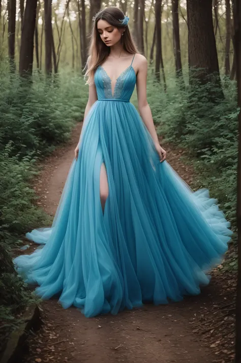 a woman wears a blue dress through the woods, in the style of majestic romanticism, gray and aquamarine, hauntingly beautiful, taras loboda, i can't believe how beautiful this is, romantic and nostalgic themes, fanciful romanticism --ar 69:64