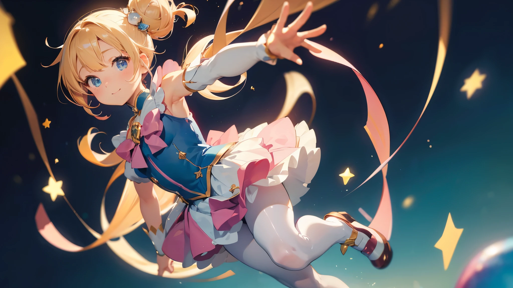 (best picture quality, 8K, high quality, masterpiece:1.2), ((masterpiece)), (high detail, high quality, best picture quality), bokeh, DOF, Portrait, open stance, (cute illustration:1.2), blond hair, (2 magical girl), (little cute girl:1.2), bun style hair, (small breast), cute round face, (pink and blue magical girl:1.2), sleeveless, detached sleeve, smiling, (white thigh high pantyhose)