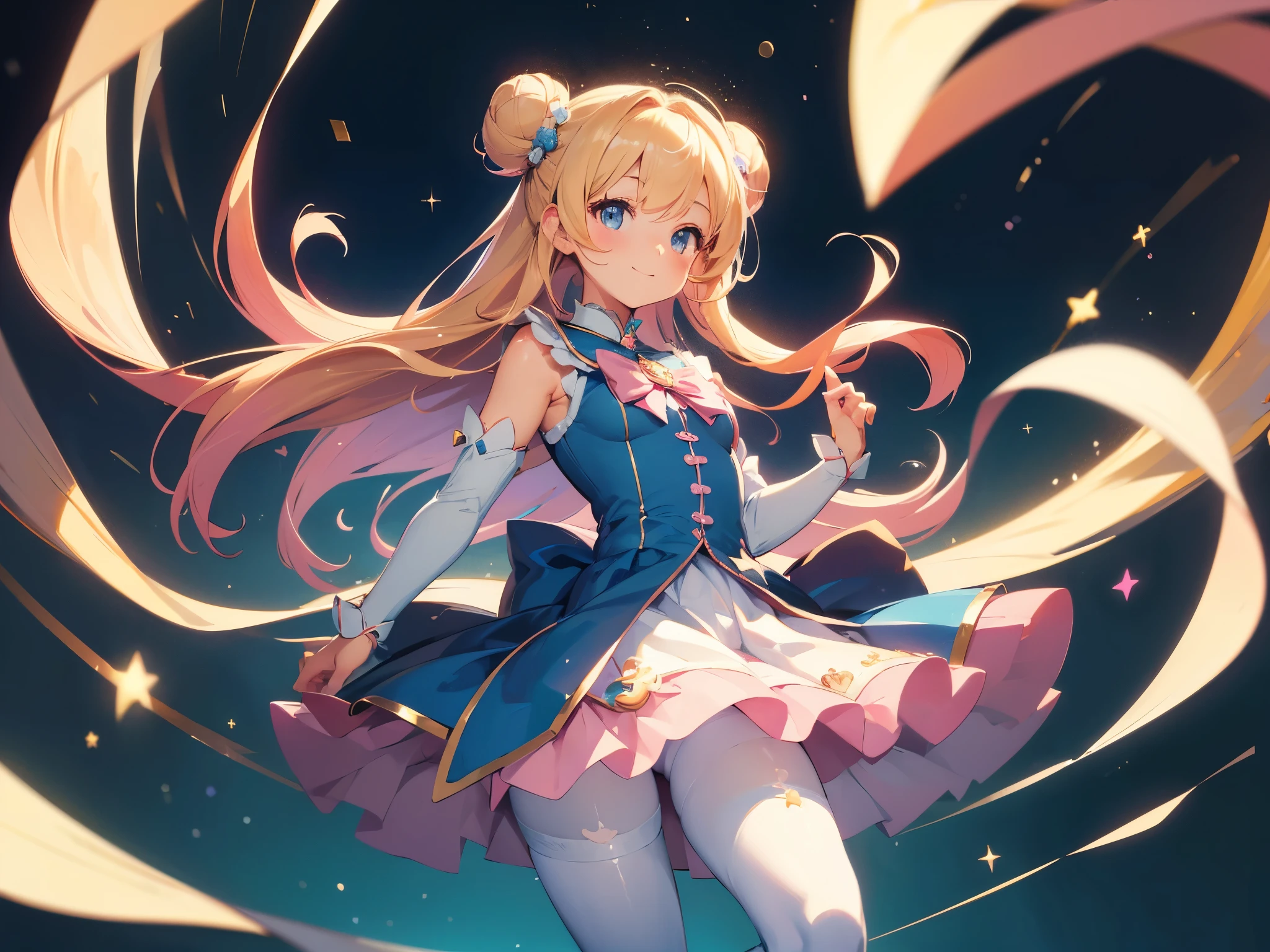 (best picture quality, 8K, high quality, masterpiece:1.2), ((masterpiece)), (high detail, high quality, best picture quality), bokeh, DOF, Portrait, open stance, (cute illustration:1.2), blond hair, (2 magical girl), (little cute girl:1.2), bun style hair, (small breast), cute round face, (pink and blue magical girl:1.2), sleeveless, detached sleeve, smiling, (white thigh high pantyhose)