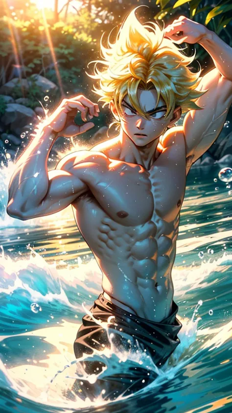 son goku, with his long, radiant yellow hair, was deeply immersed in the crisp, cold water of a clear, flowing river. the water ...