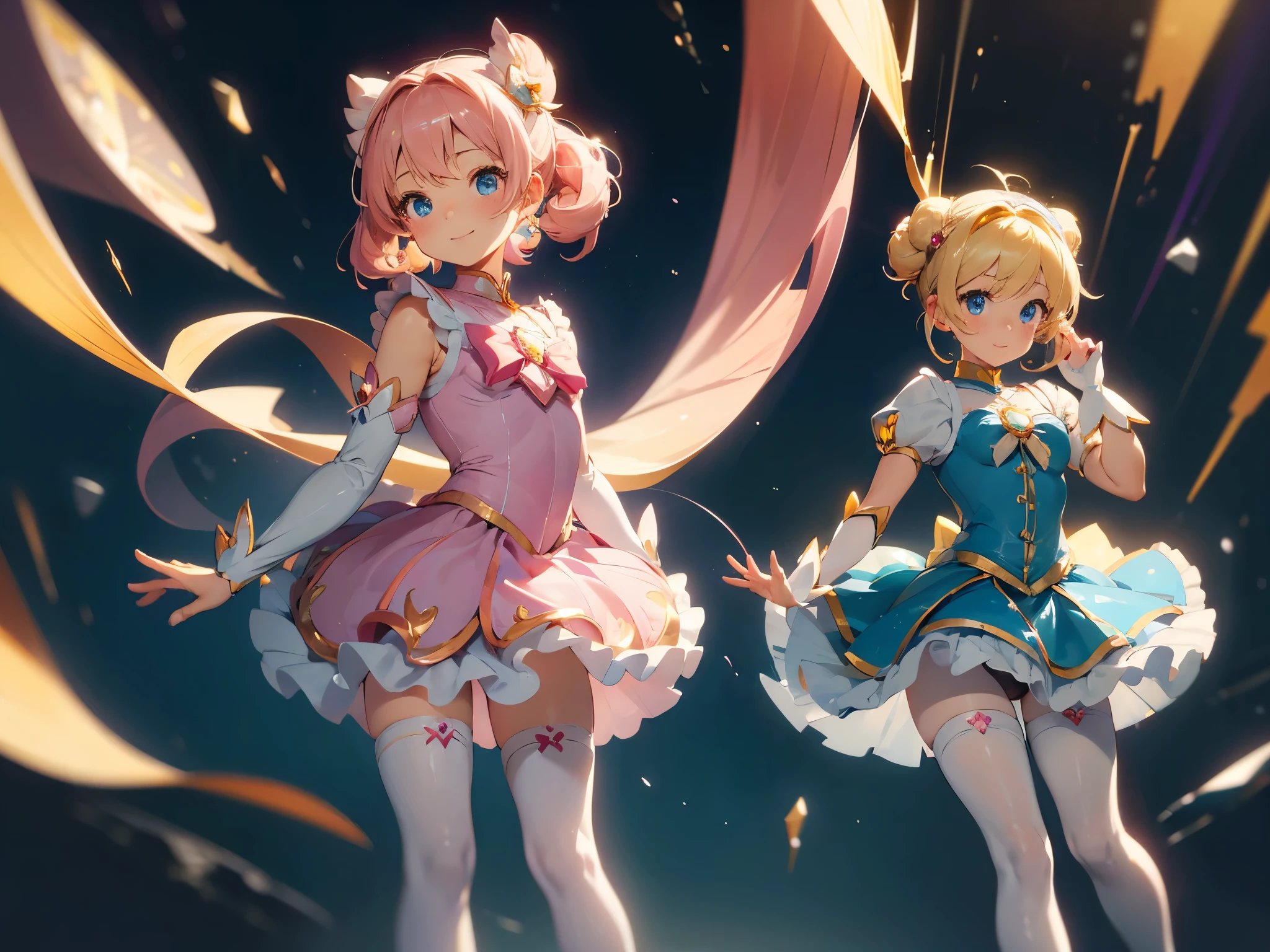 (best picture quality, 8K, high quality, masterpiece:1.2), ((masterpiece)), (high detail, high quality, best picture quality), bokeh, DOF, Portrait, open stance, (cute illustration:1.2), blond hair, (Two magical girls are standing:1.5), (little cute girl:1.2), bun style hair, (small breast), cute round face, (pink and blue magical girl:1.2), sleeveless, detached sleeve, smiling, (white thigh high pantyhose)