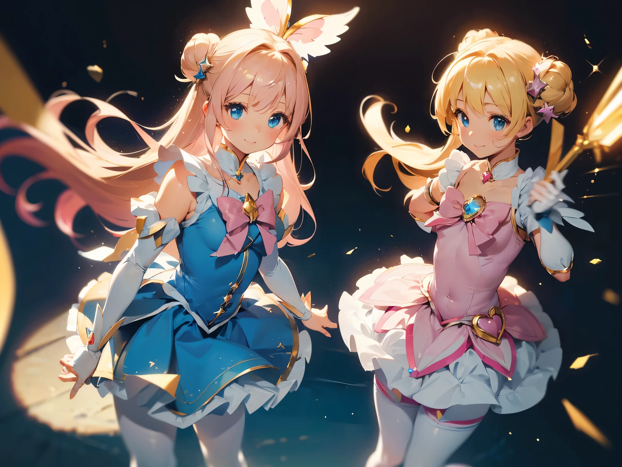 (best picture quality, 8K, high quality, masterpiece:1.2), ((masterpiece)), (high detail, high quality, best picture quality), bokeh, DOF, Portrait, open stance, (cute illustration:1.2), blond hair, (Two magical girls are standing:1.5), (little cute girl:1.2), bun style hair, (small breast), cute round face, (pink and blue magical girl:1.2), sleeveless, detached sleeve, smiling, (white thigh high pantyhose)