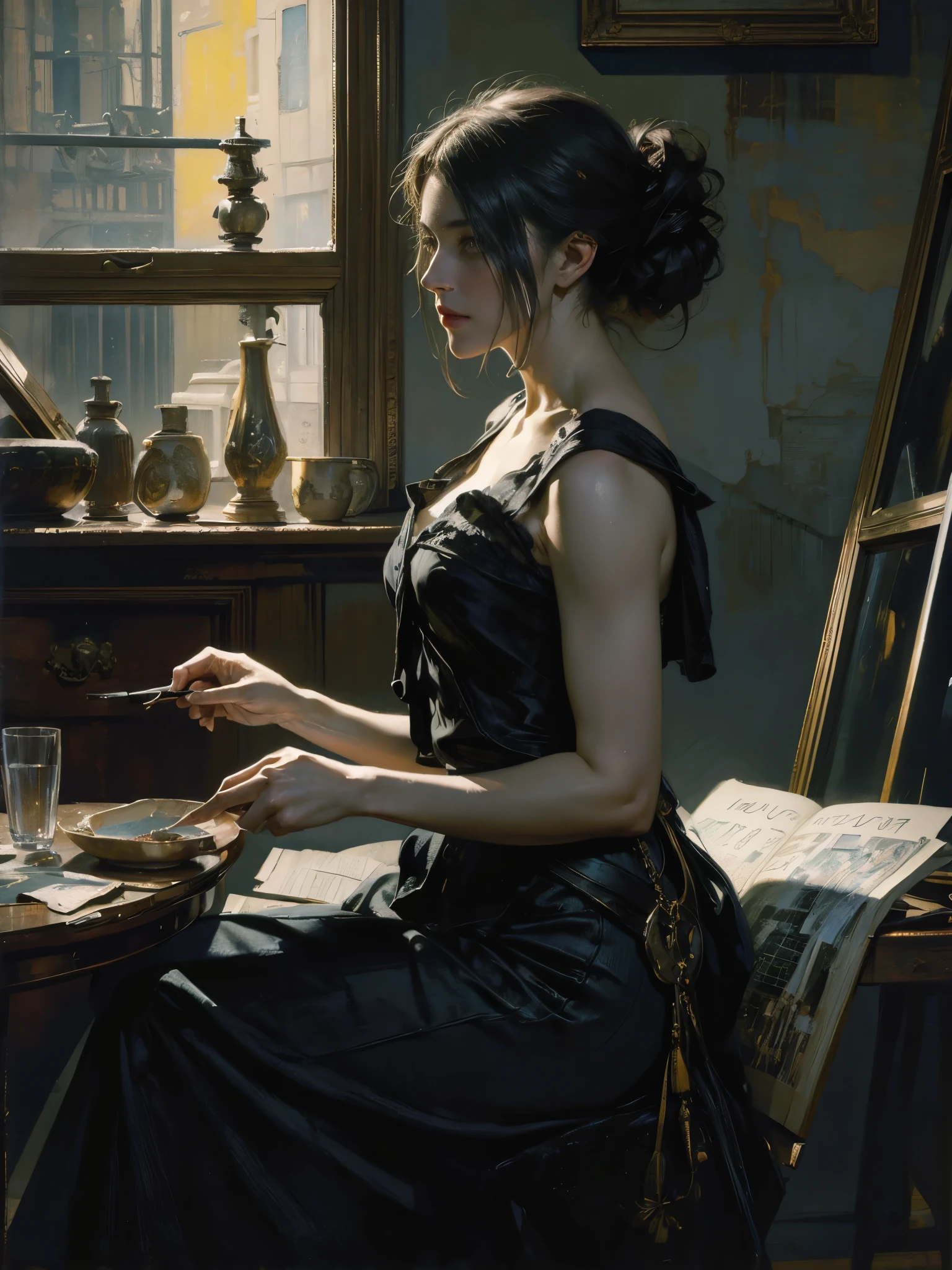 painting of woman, with influence of Jeremy Mann, Jeremy Mann, style of Jeremy Mann, Jeremy Mann painting, Jeremy Mann art, Ron Hicks, Liepke, Jeremy Mann and alphonse mucha, Works that influenced Edmund Blampid, robert lenkiewicz, Casey Baugh and James Jean, Works that influenced Willem Kalf, Nick Alm, tumbler, figurative art, Intense watercolor painting, watercolor detailed art,Beautiful and expressive paintings, Beautiful artwork illustration, wonderful, cool beauty, highest quality, official art, perfect composition,perfect angle, best shot, female solo, sharp outline, melancholy, nostalgia, nostalgia,Eyes without pupils, color eye, ideal anima, In search of lost time, marcel proust, sentimental, Paris in the first half of the 20th century, montparnasse, Full body Esbian, The vague line between present and past, The vague boundary between dreams and reality