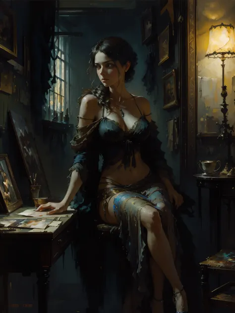 painting of woman, with influence of Jeremy Mann, Jeremy Mann, style of Jeremy Mann, Jeremy Mann painting, Jeremy Mann art, Ron Hicks, Liepke, Jeremy Mann and alphonse mucha, Works that influenced Edmund Blampid, robert lenkiewicz, Casey Baugh and James Je...