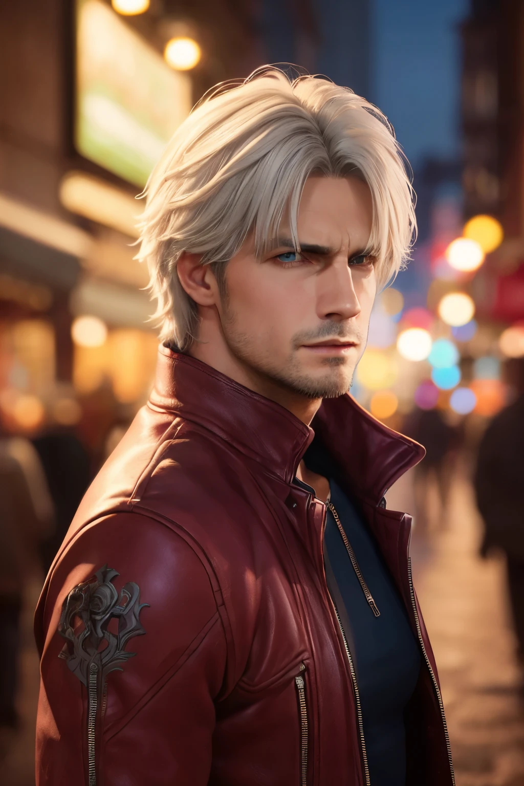 (anatomically correct), (highly detailed:1.3), (intricate details), (8k, best quality, masterpiece: 1.3), 1boy, Dante Devil May Cry 5, male focus, handsome man, solo, facial hair, blurry background, coat, realistic, blurry, jacket, sleeves rolled up, stubble, zipper, blue eyes, looking at viewer, closed mouth, red coat, shirt, white hair, detailed eyes, realistic eyes, blue eyes, detailed skin, city in background at night, dark atmospheric, Art by artgerm and greg rutkowski, (HDR)