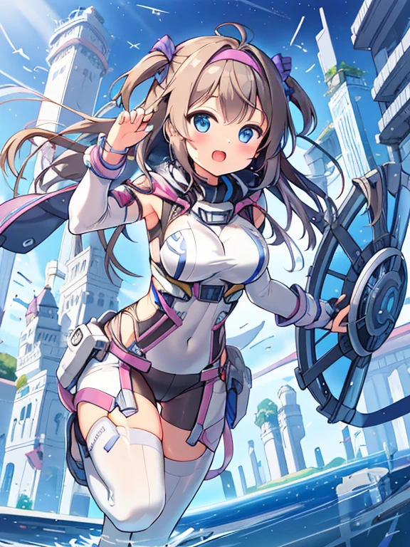 extreme detail,masterpiece,future city,with a girl (Energy Shield):1.3,Tight Fit Bodysuit,protect yourself from danger,use a shield in battle,Futuristic buildings,flying car,the shield becomes brighter,repel the invaders