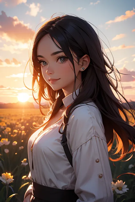 a woman  smiling standing in a field with the sun setting behind her and her hair in the air, looking straight ahead, girl, a ch...